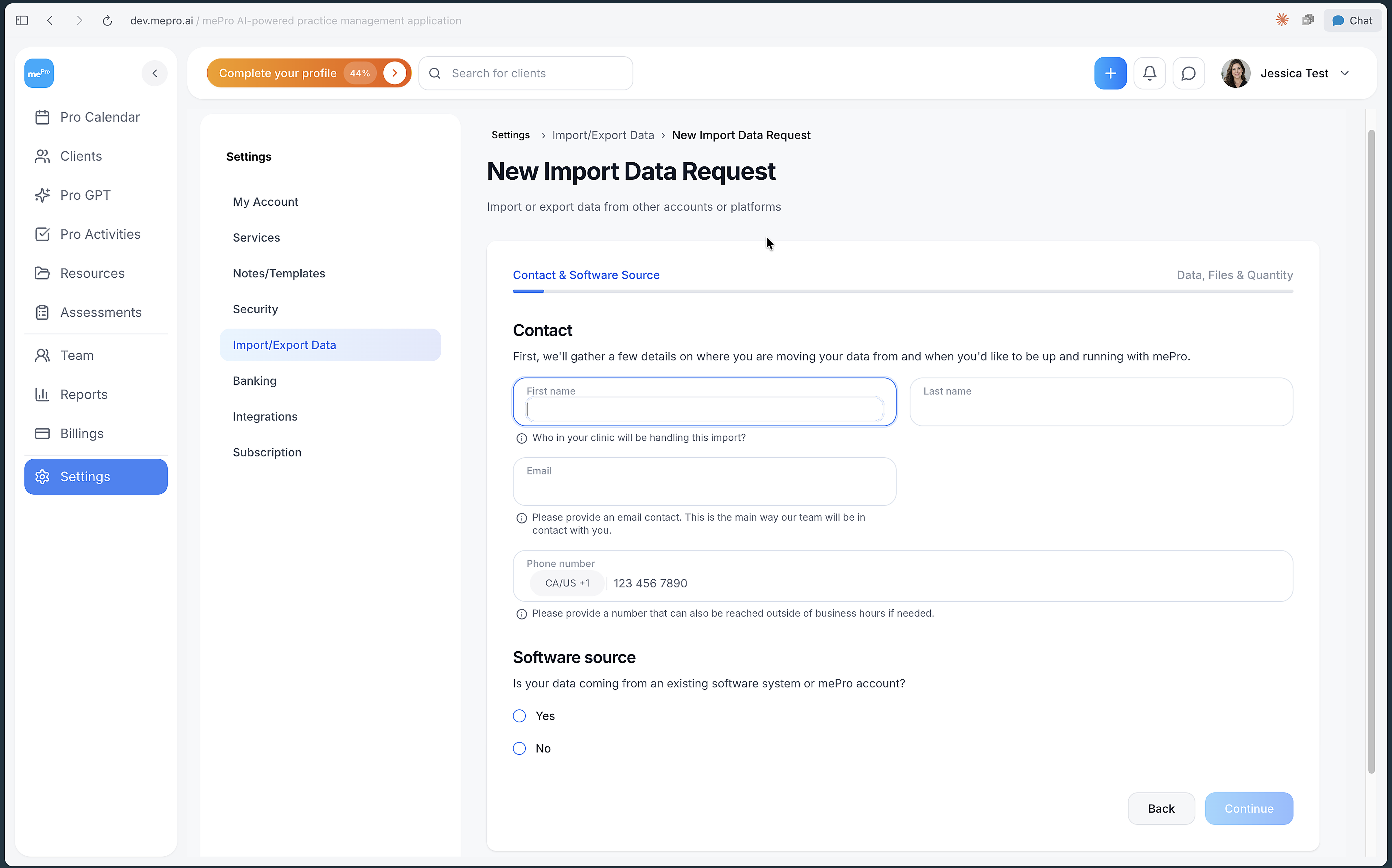 Screenshot: New Import Data Request.