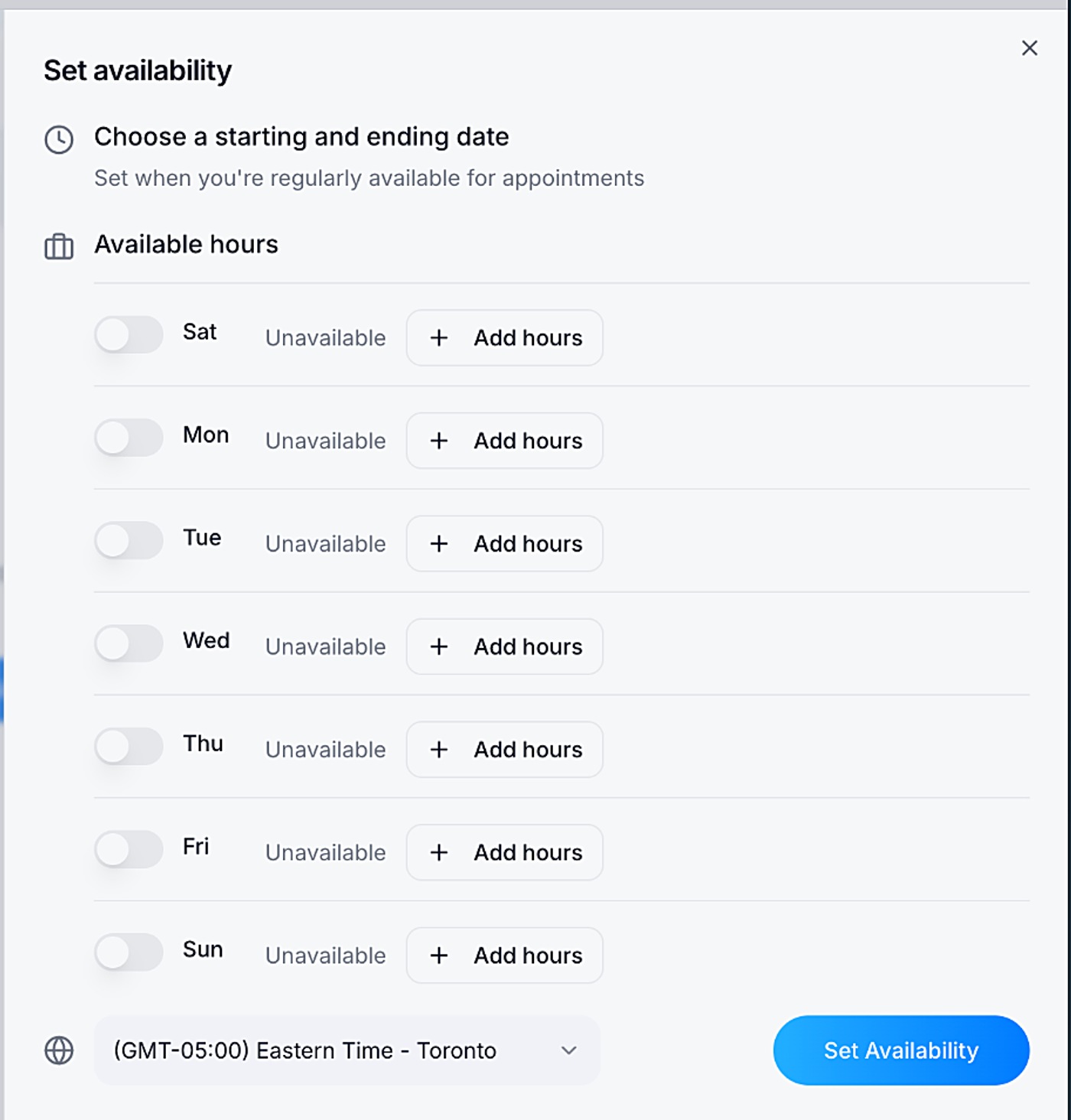 Screenshot: Every day starts as Unavailable.