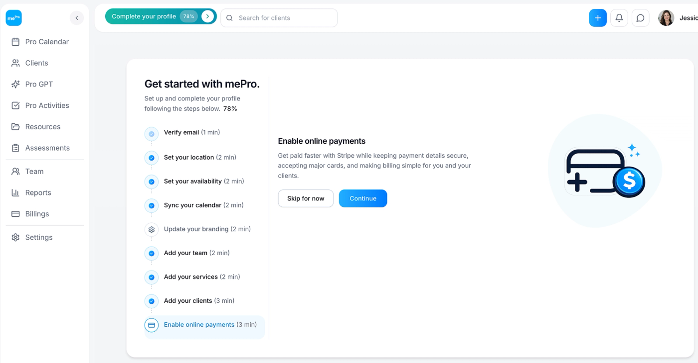 Screenshot: Click Continue, or Skip for now.