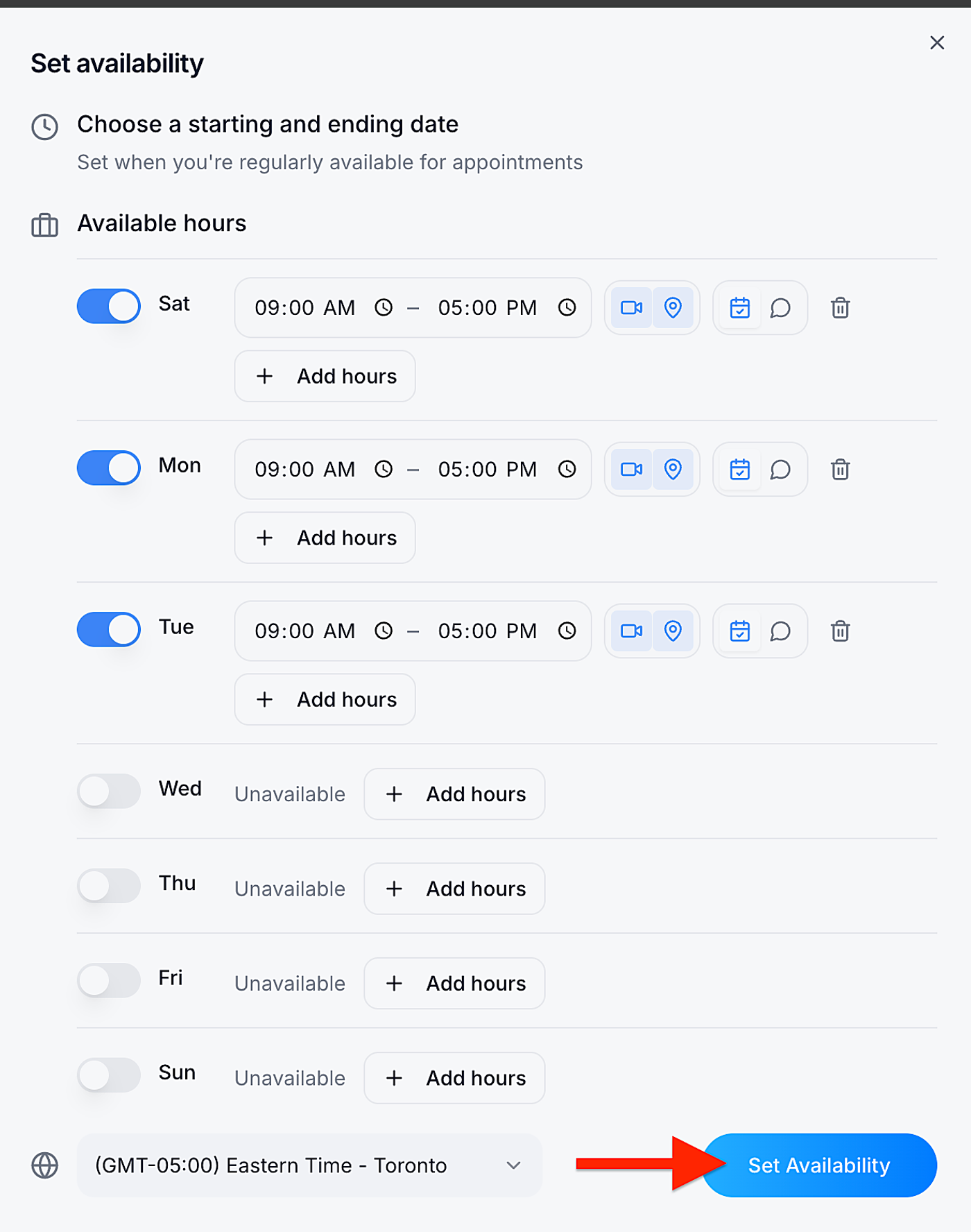 Screenshot: Saturday, Monday and Tuesday turned on. Click Set Availability.