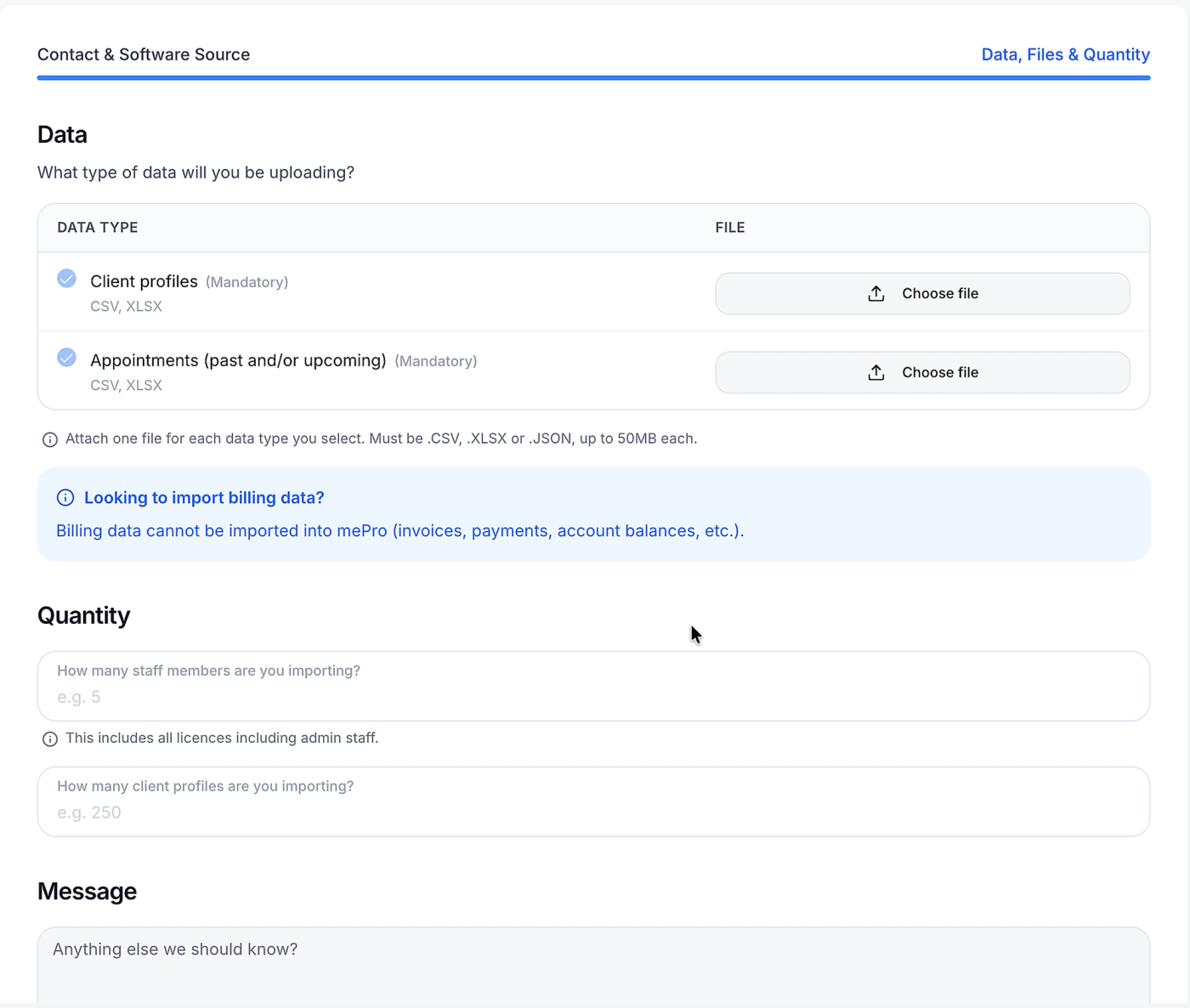 Screenshot: Click Choose file for each data type.