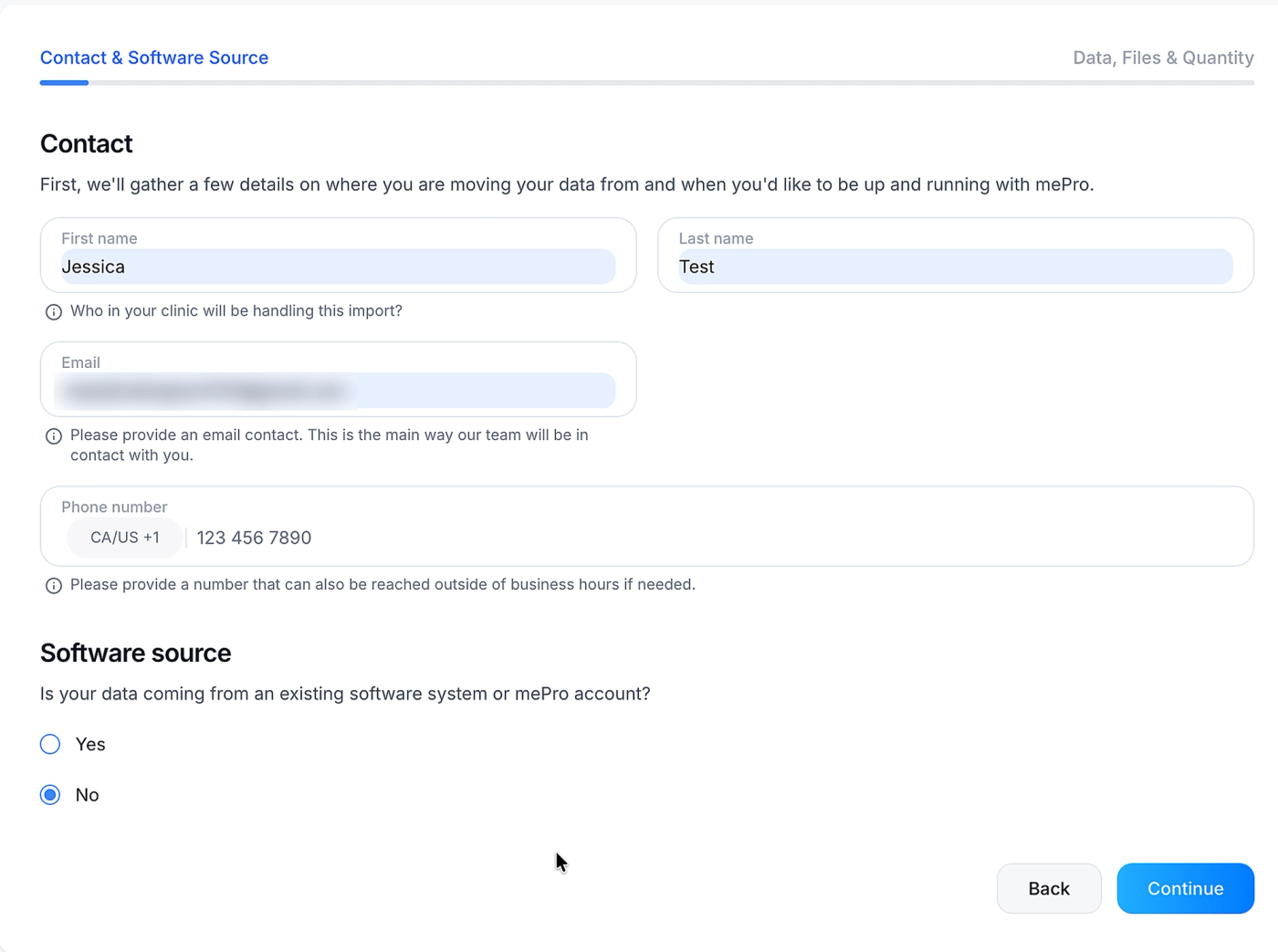 Screenshot: Contact details, with No selected under Software source.