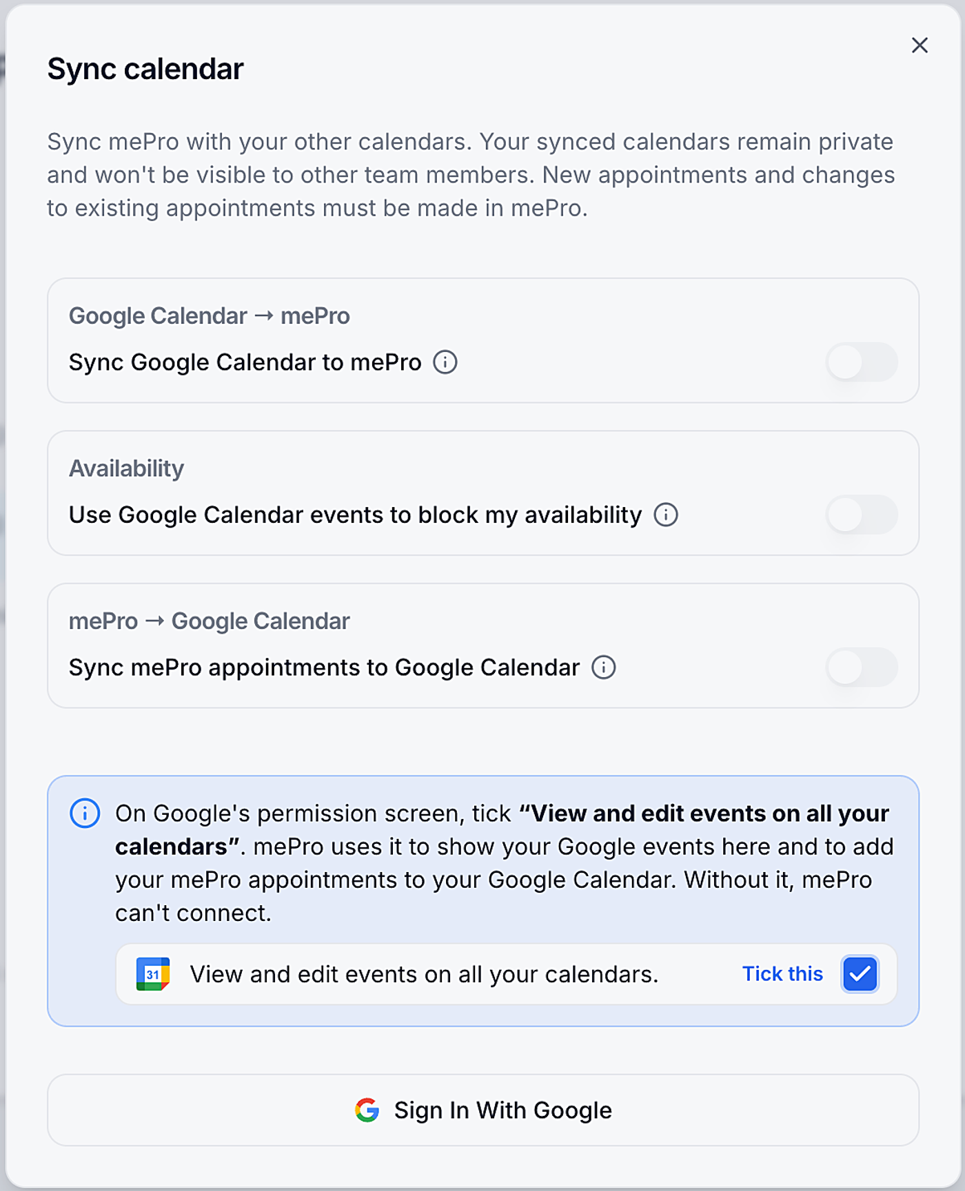 Screenshot: The Sync calendar window.
