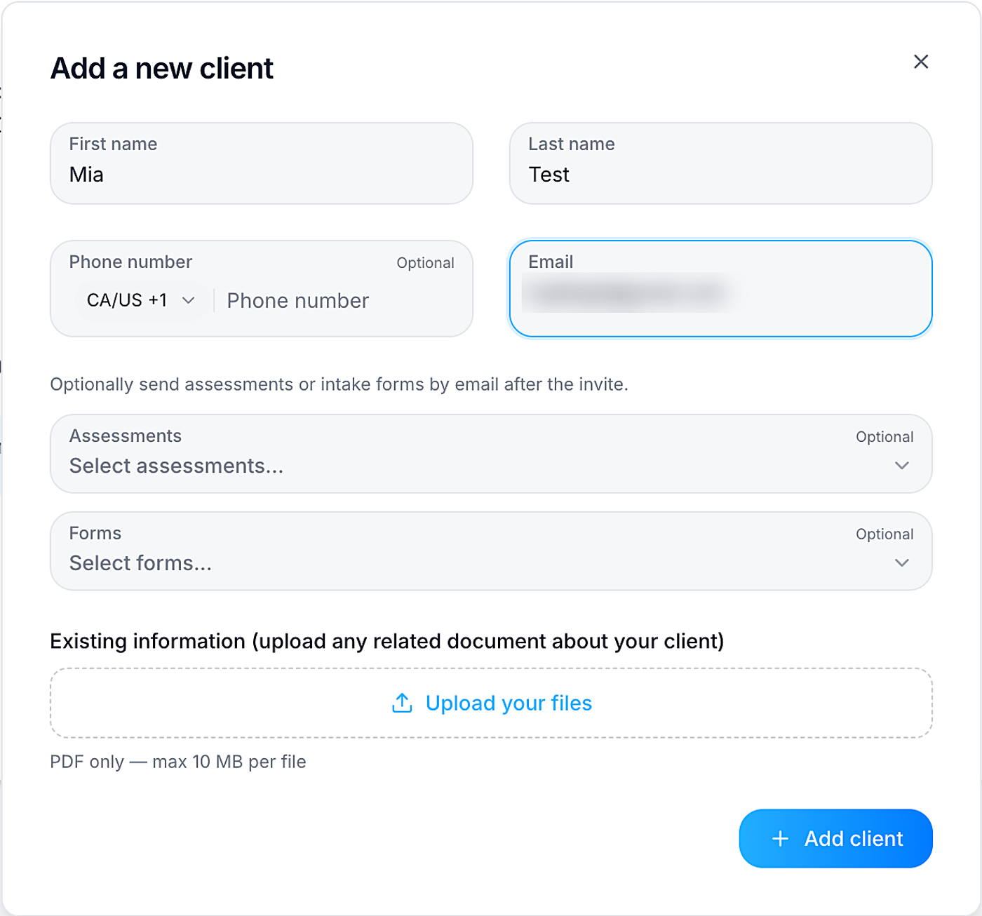Screenshot: The Add a new client form.