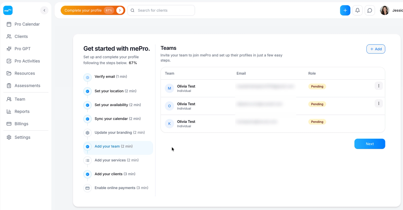 Screenshot: Your team list.