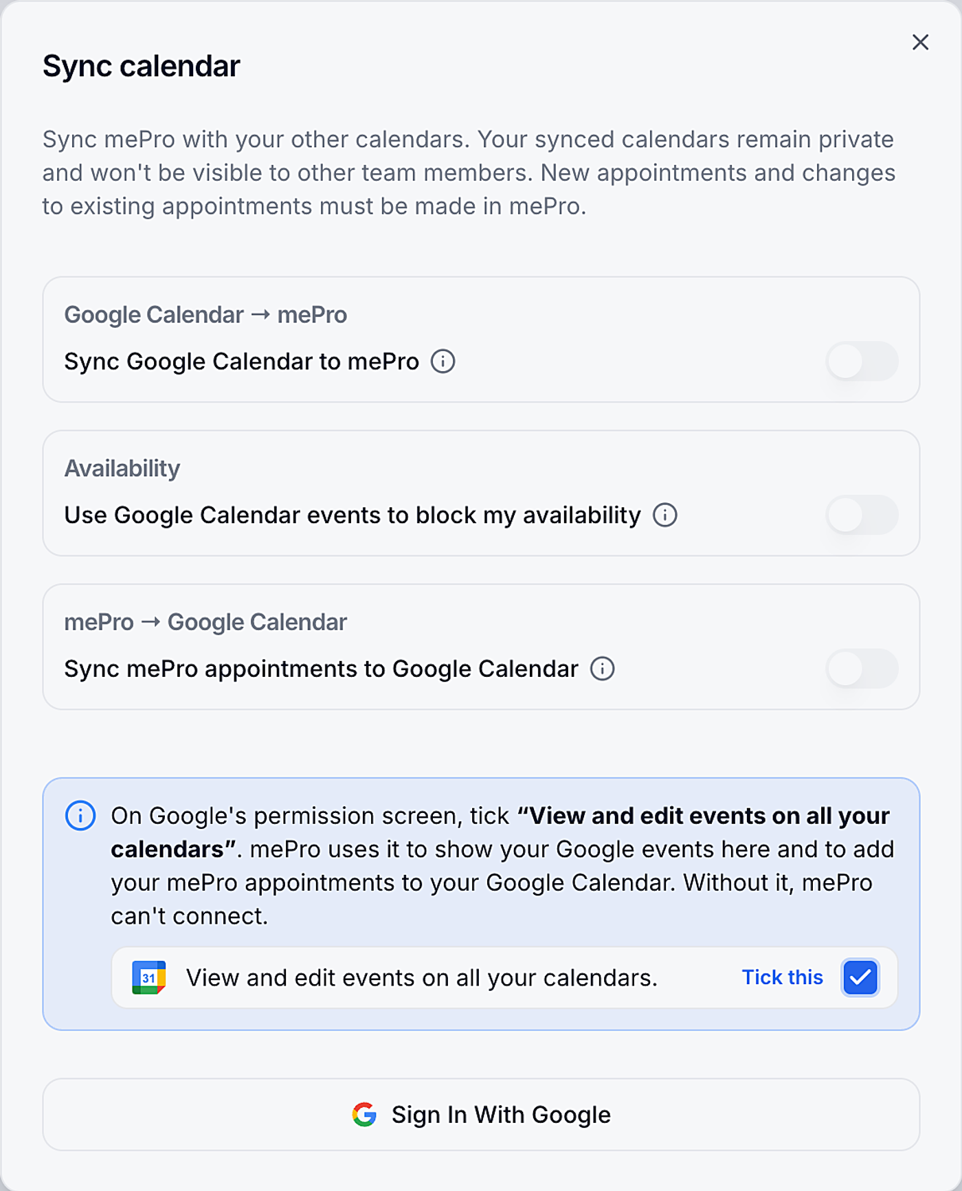 Screenshot: The Sync calendar window.