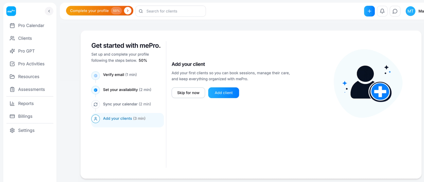 Screenshot: Click Add client, or Skip for now.