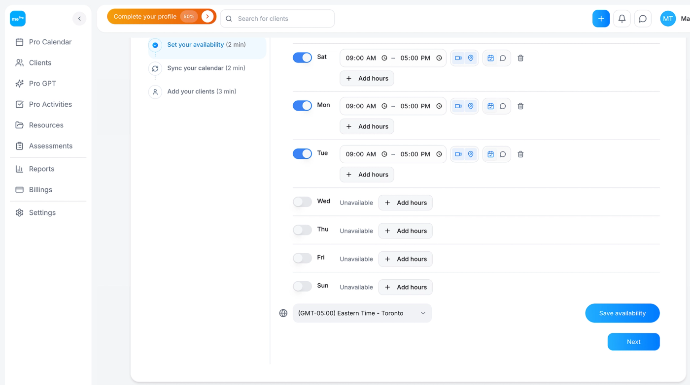 Screenshot: Save availability, then Next.