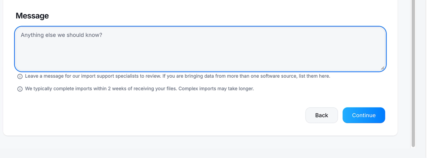 Screenshot: Add a message, then click Continue.