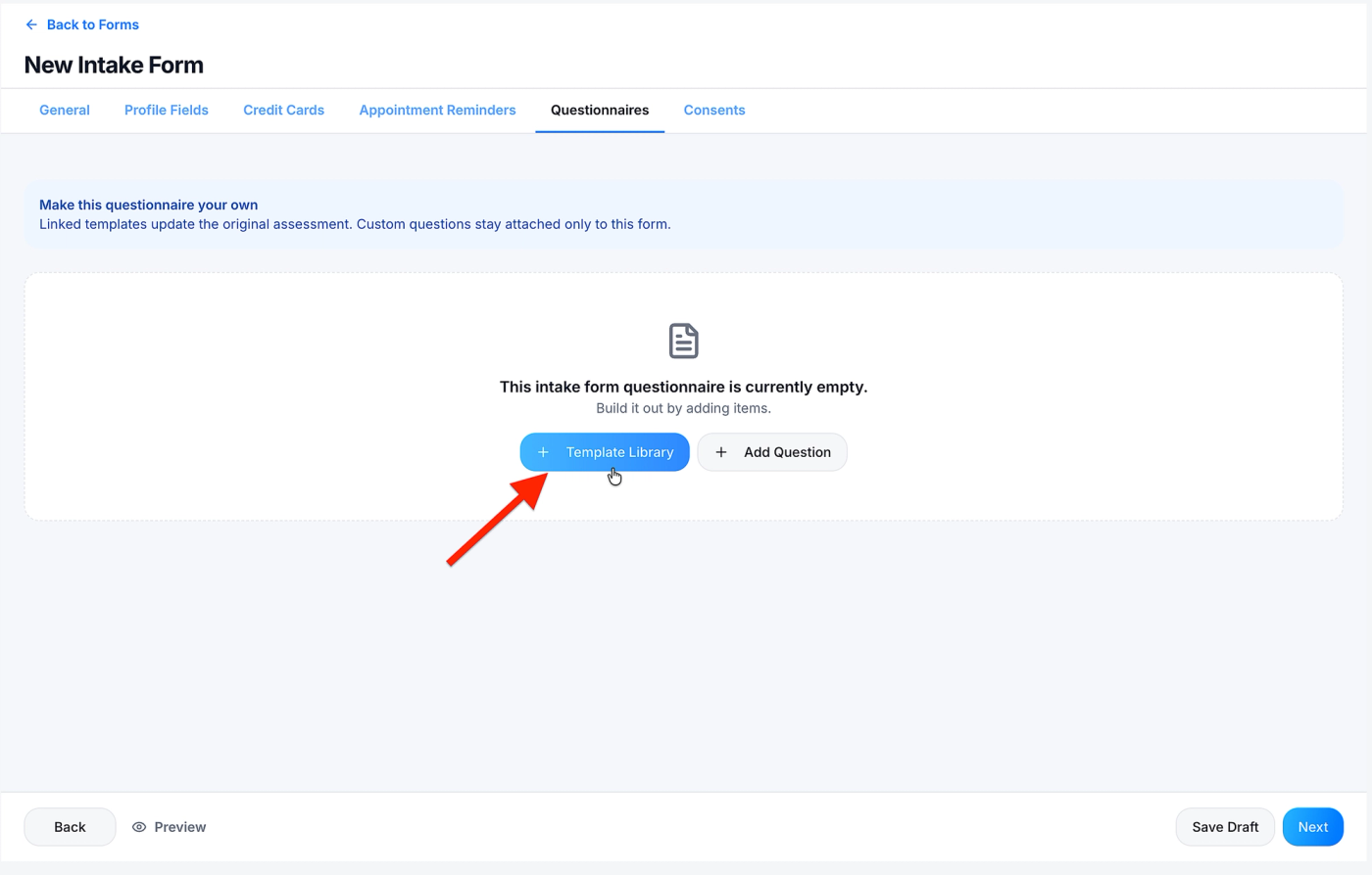 Screenshot: Add an assessment from the Template Library