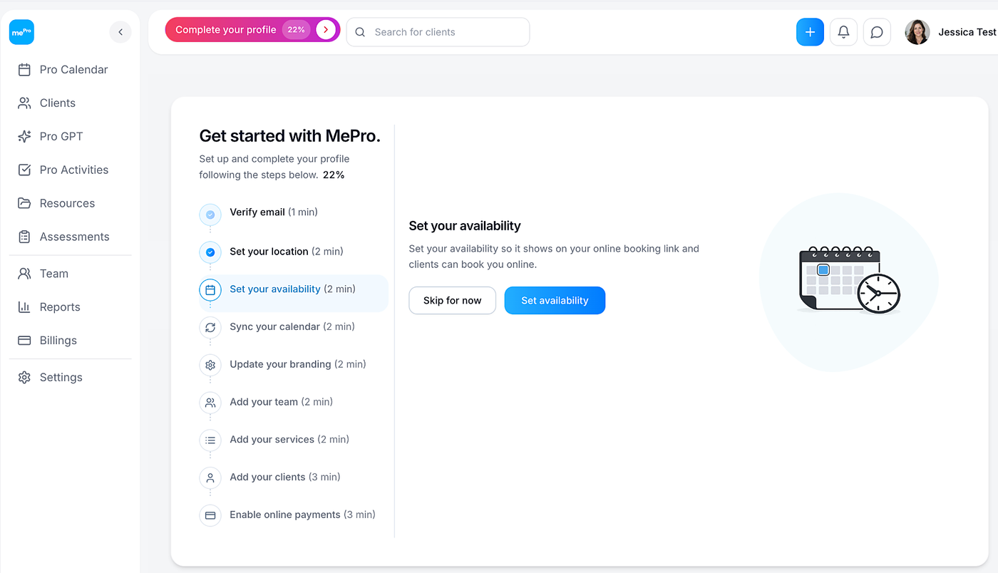 Screenshot: Click Set availability, or Skip for now.