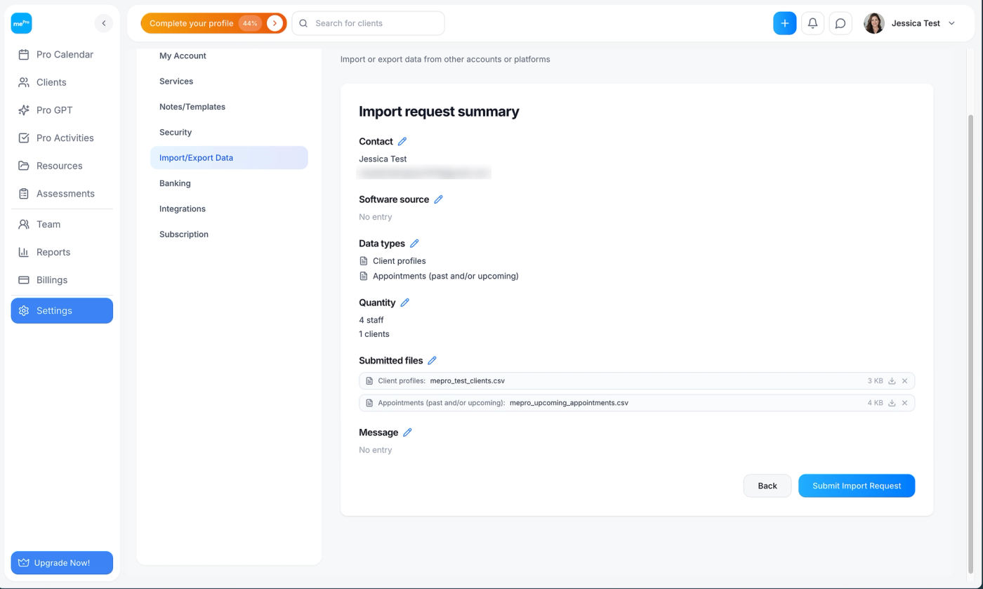 Screenshot: The Import request summary.