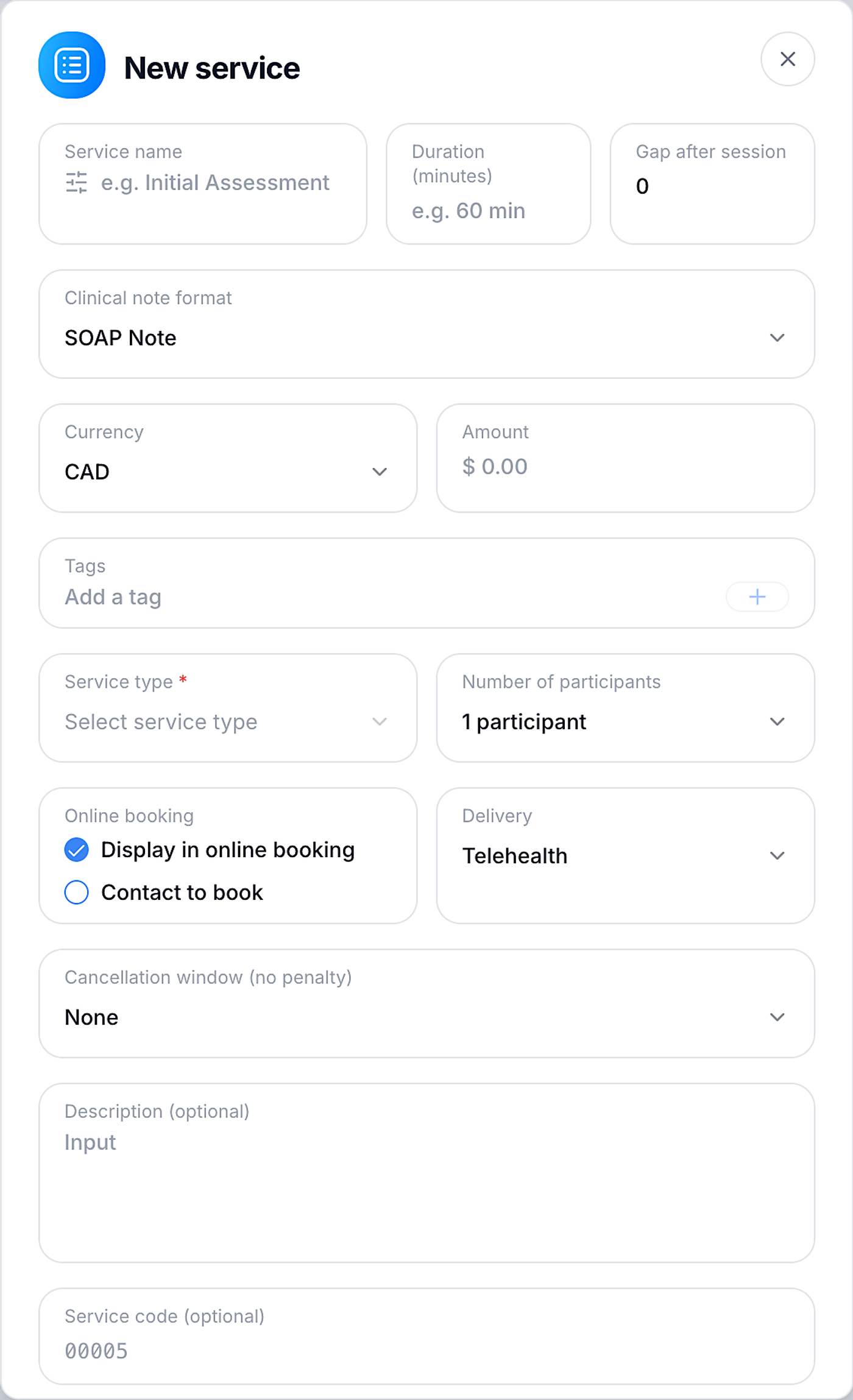 Screenshot: The New service form.