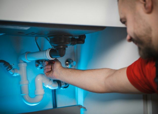 Plumber repairing the pipes under a sink