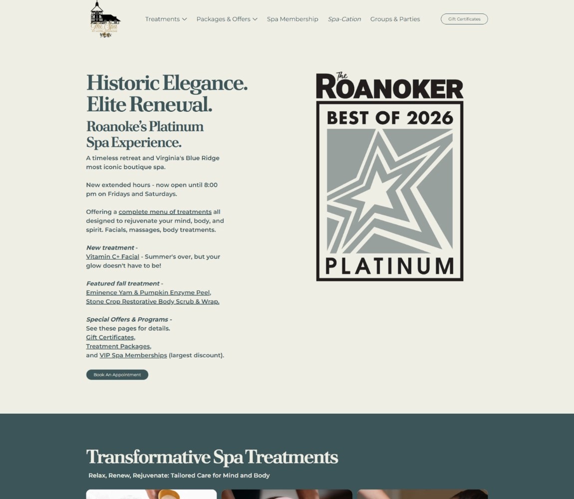 Homepage of The Spa at Hotel Roanoke website