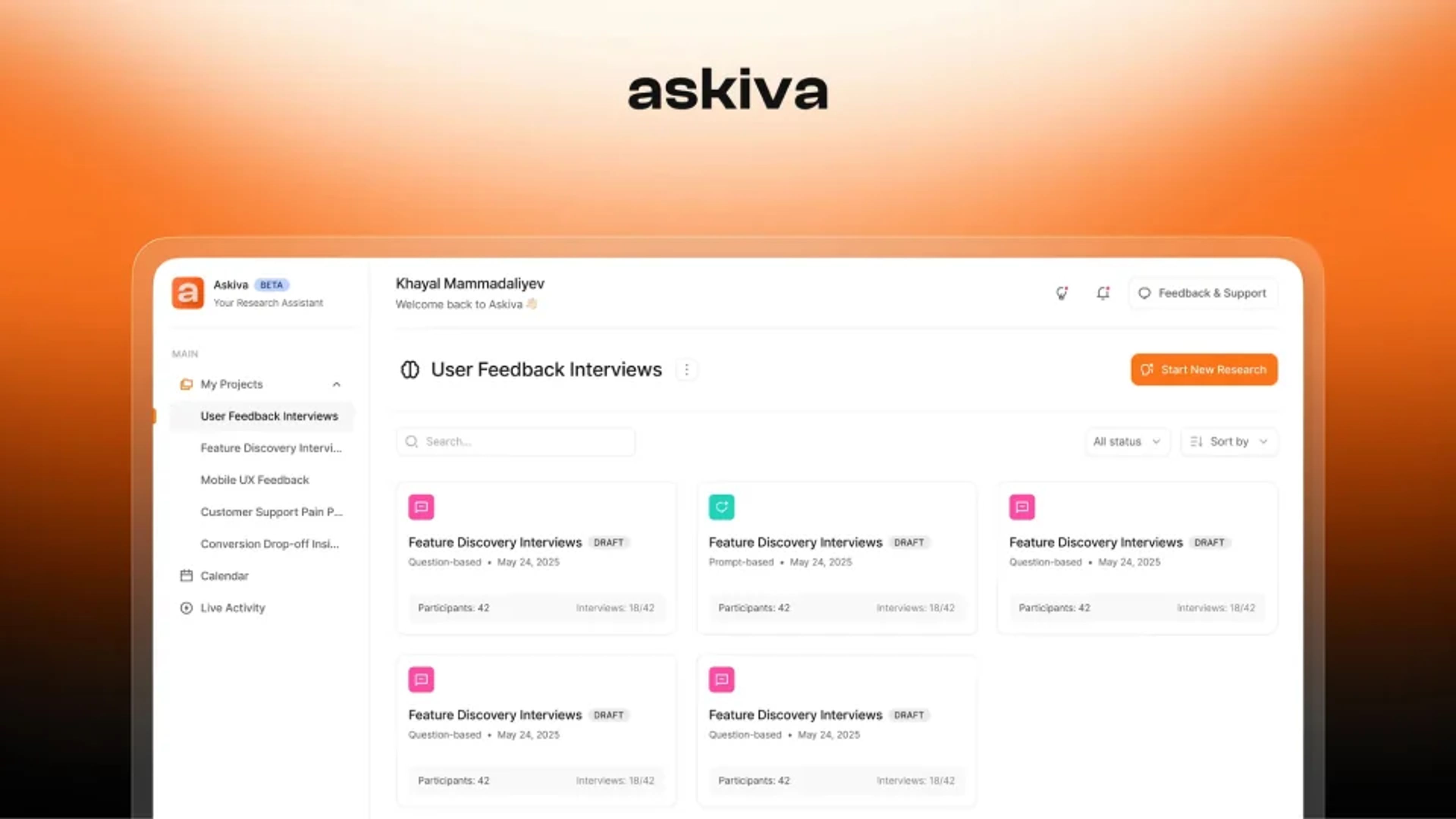 askiva's project dashboard: a list of user feedback interviews, on an orange background.