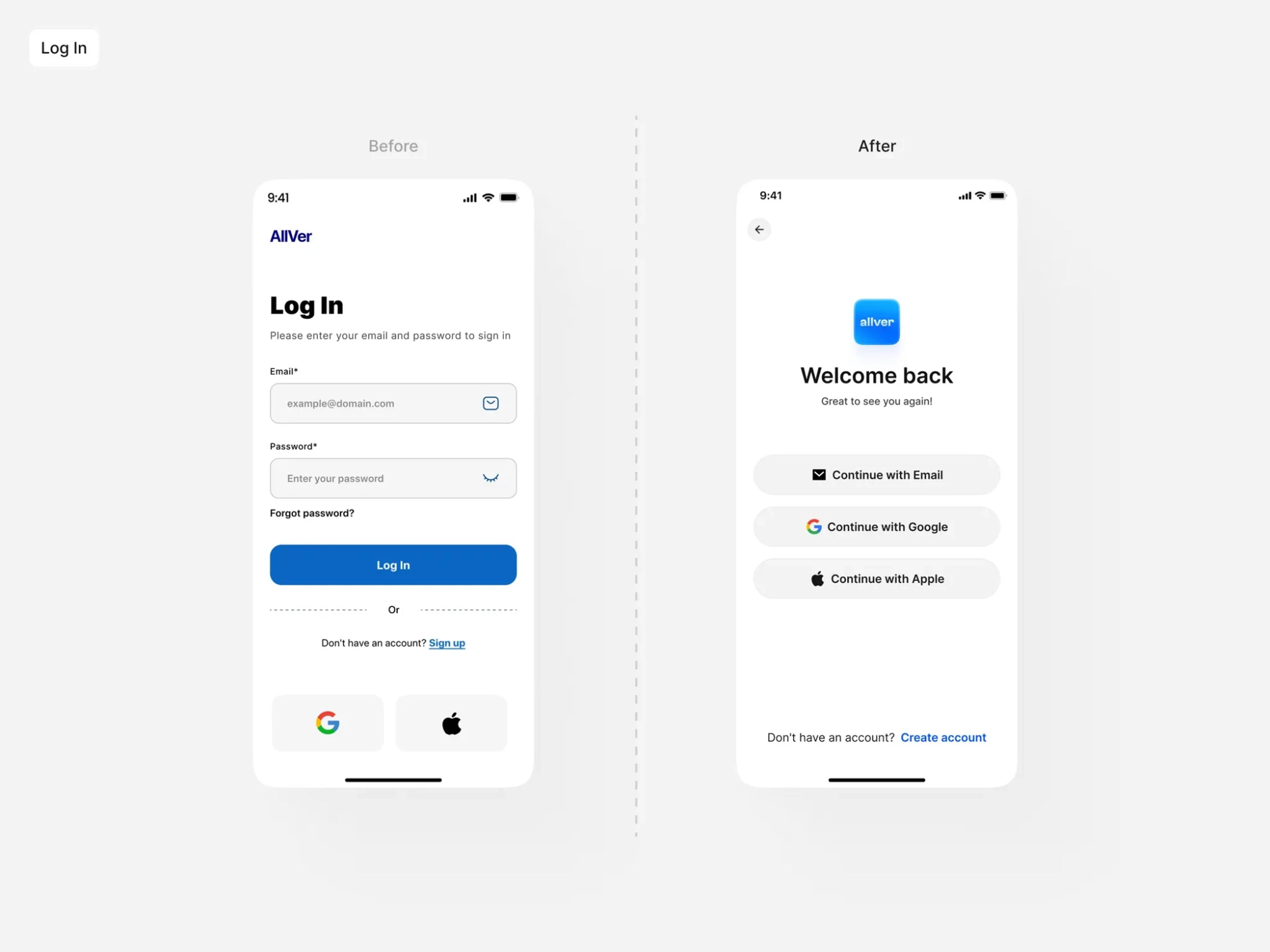 The allver log-in screen before and after the redesign.