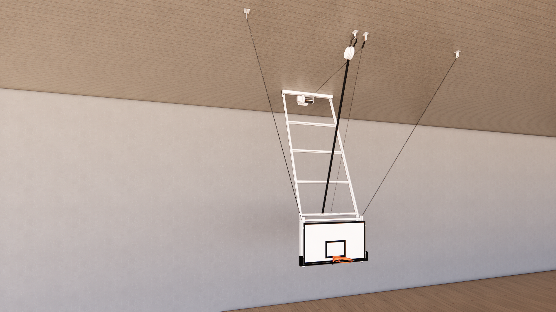 A Revit model of a ceiling-hung Gymleader basketball hoop in a gym 