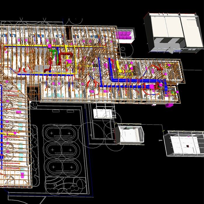 Aerial view of a BIM model of a building with black background