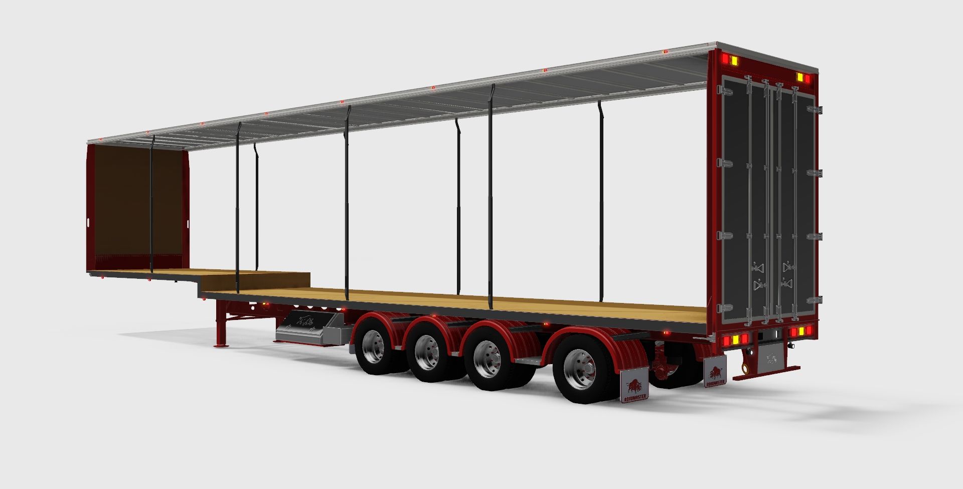 Rendering of a red roadmaster trailer with side curtains pulled back on white background 