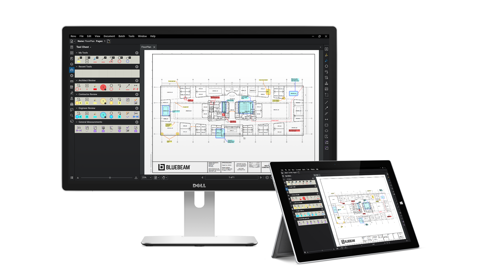 Laptop and tablet with Bluebeam open on the screens with white background 