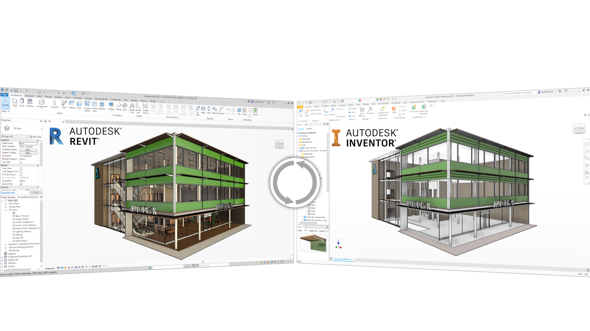Images depicting how Autodesk Inventor AnyCAD file referencing technology now includes support for Revit