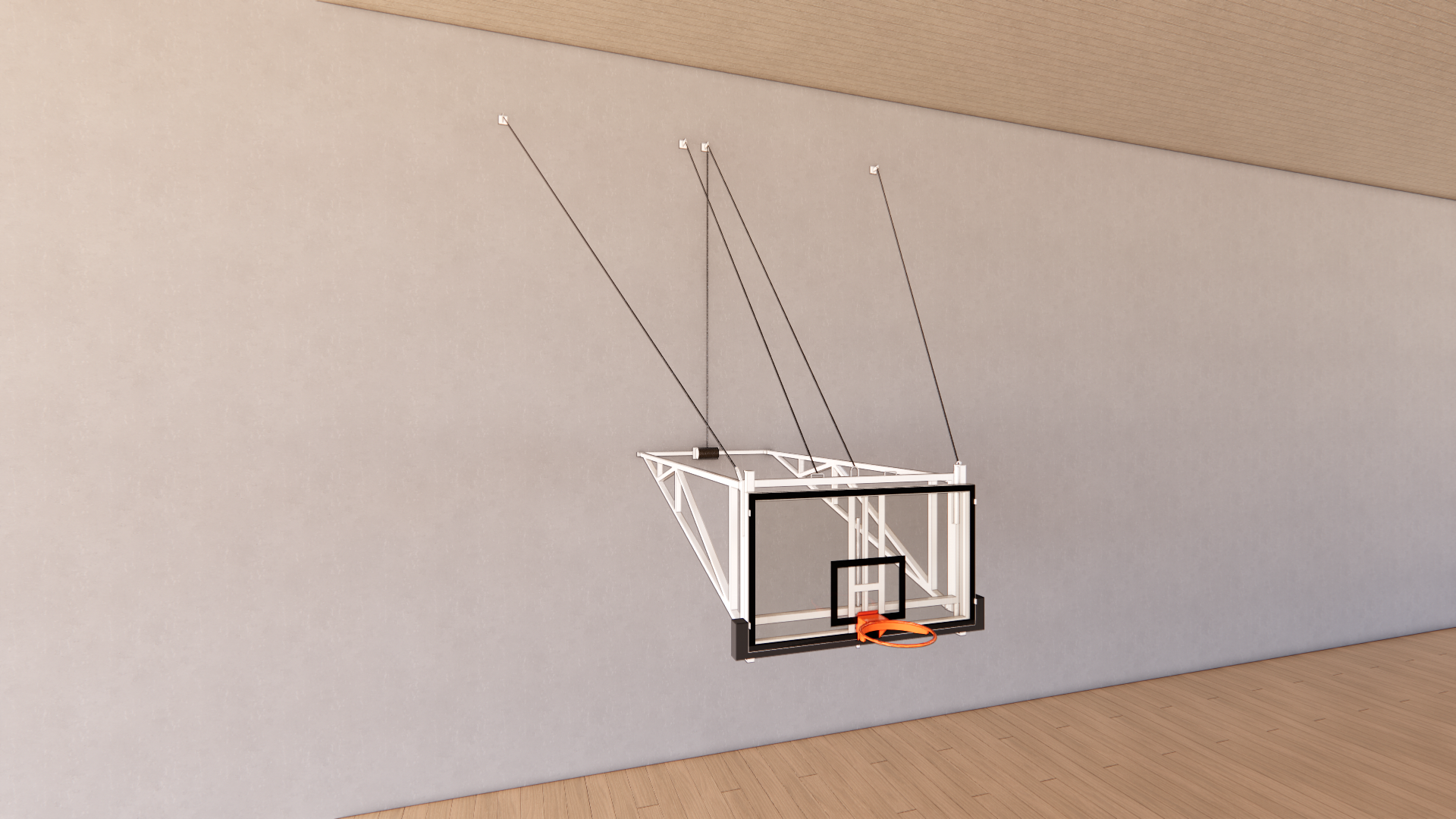 A Revit model of a wall-hung Gymleader basketball hoop in a gym 
