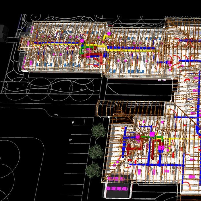 Aerial view of a BIM model of a building with black background