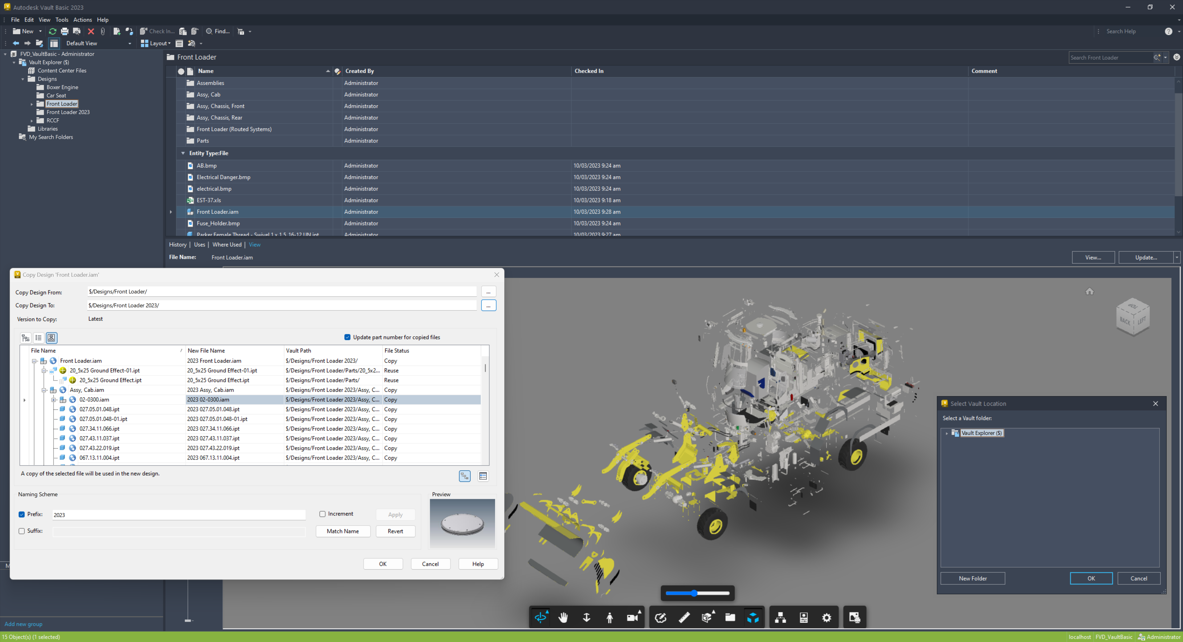screenshot of data window pop up over 3d model in autodesk vault software