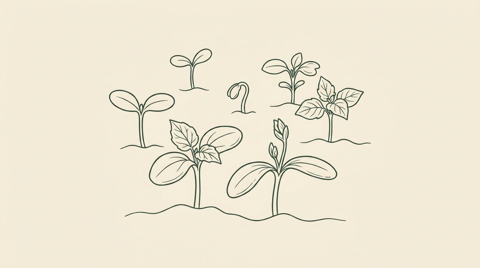 Fine-line illustration of seedlings emerging at different stages of growth, symbolising CPD taking root across a team