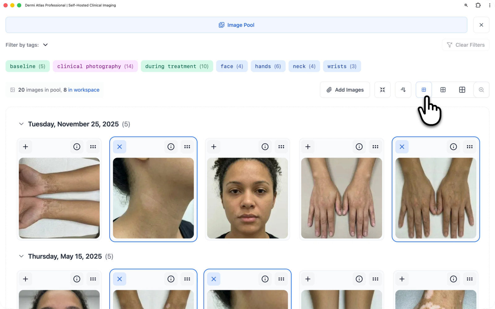The Image Pool toolbar showing sort, expand/collapse, and zoom level controls with images organized by date groups below