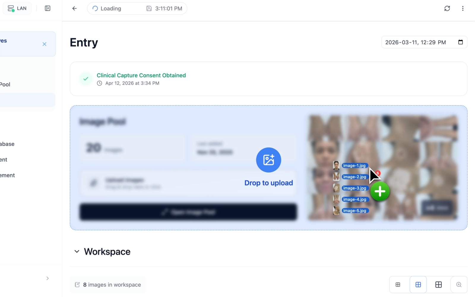 The Image Pool with the drag-and-drop overlay active, showing the blue-highlighted drop zone with the upload indicator