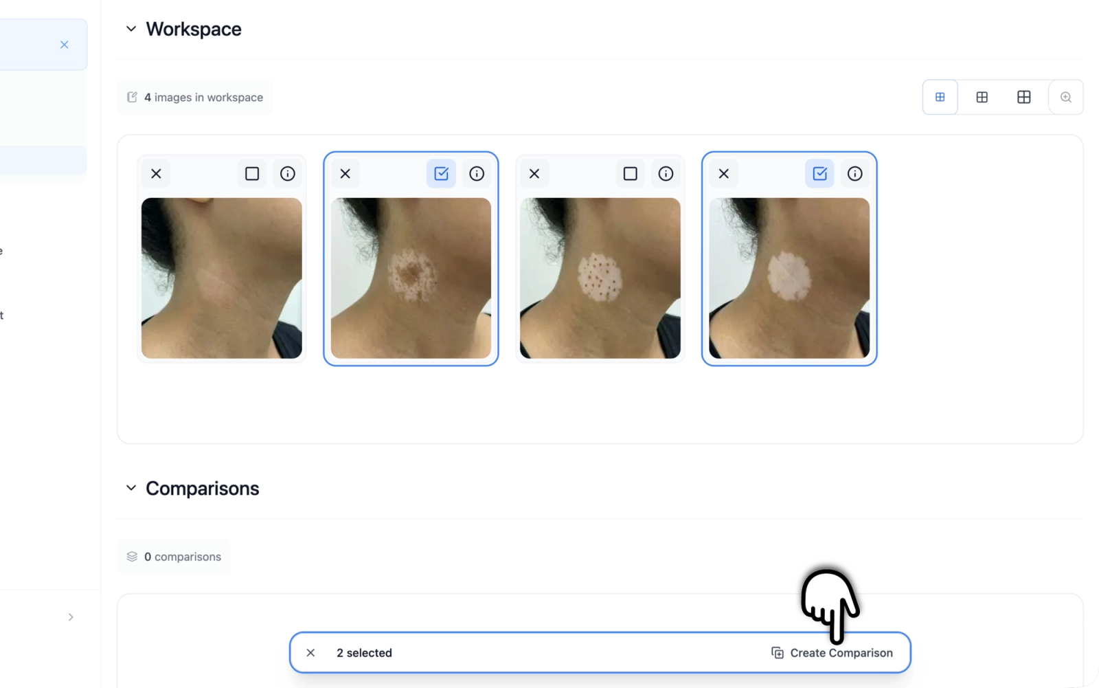 The floating selection toolbar showing the selected image count and Create Comparison button with images selected in the Workspace