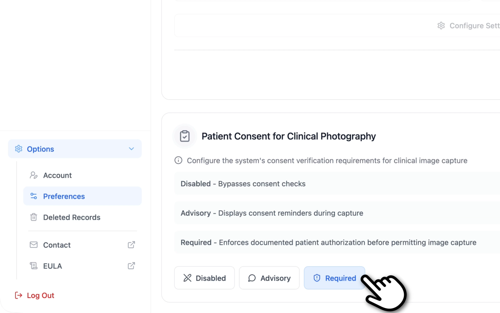 Preferences page showing the Patient Consent for Clinical Photography configuration card with the three enforcement options and their descriptions