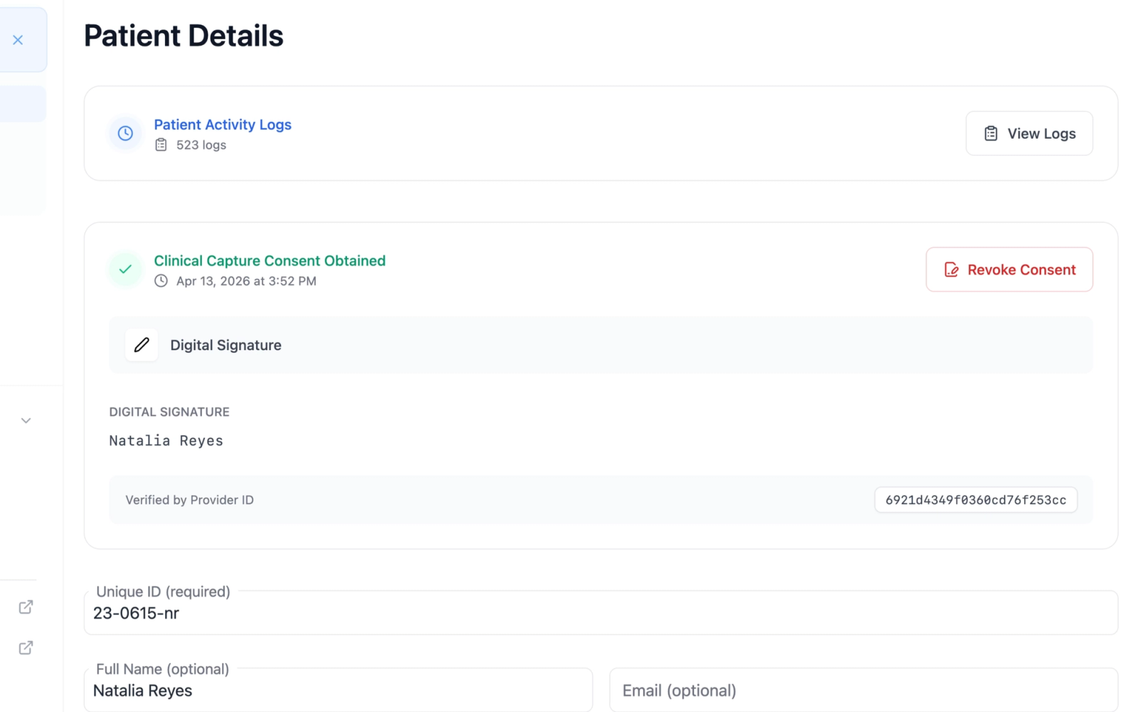 Consent information card on the patient details page in its full variant showing the green Consent Obtained status, timestamp, consent method details, provider ID, and the Revoke Consent button