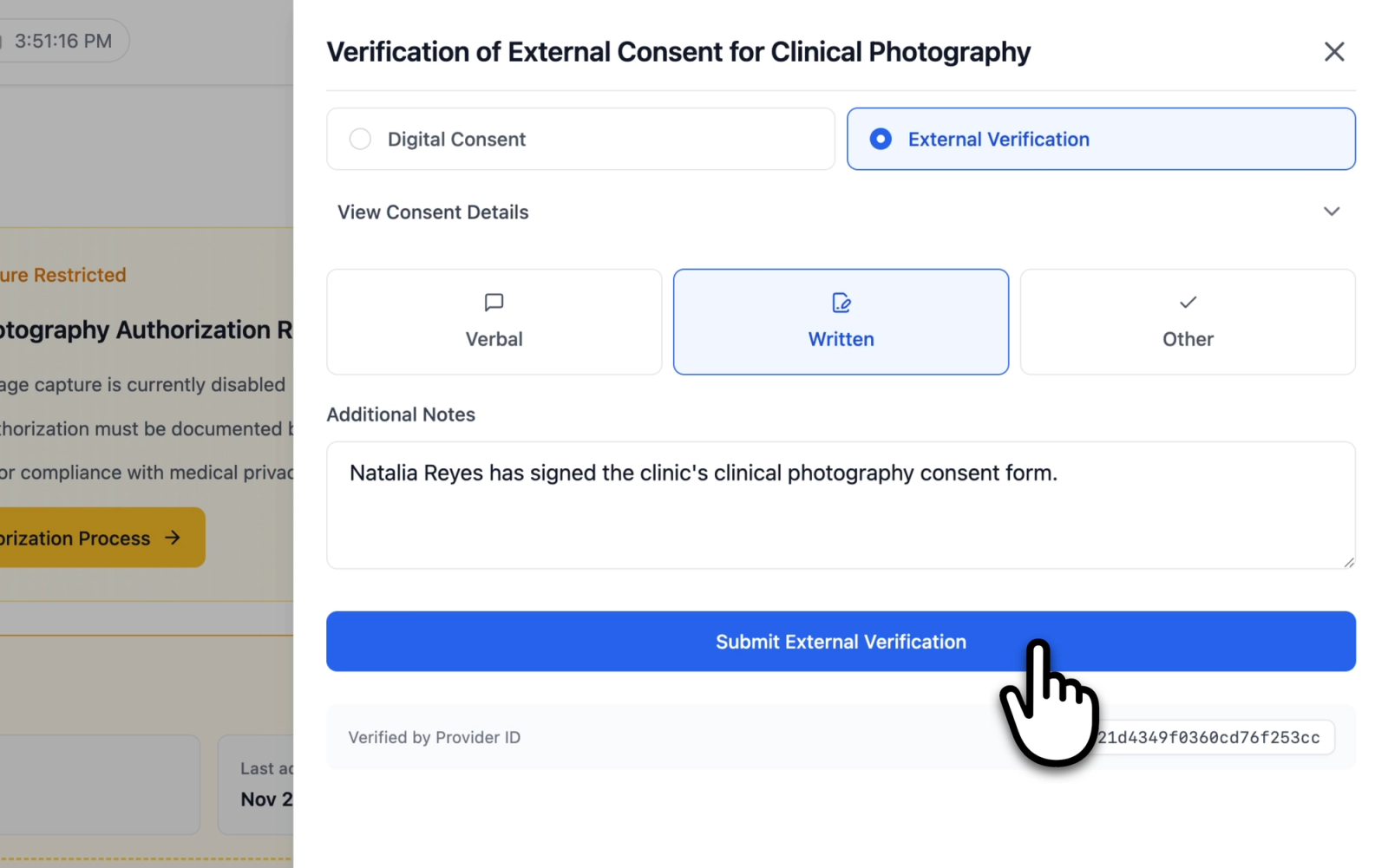 Consent form drawer showing the External Verification tab selected with the three method options (Verbal, Written, Other) and the optional notes text field