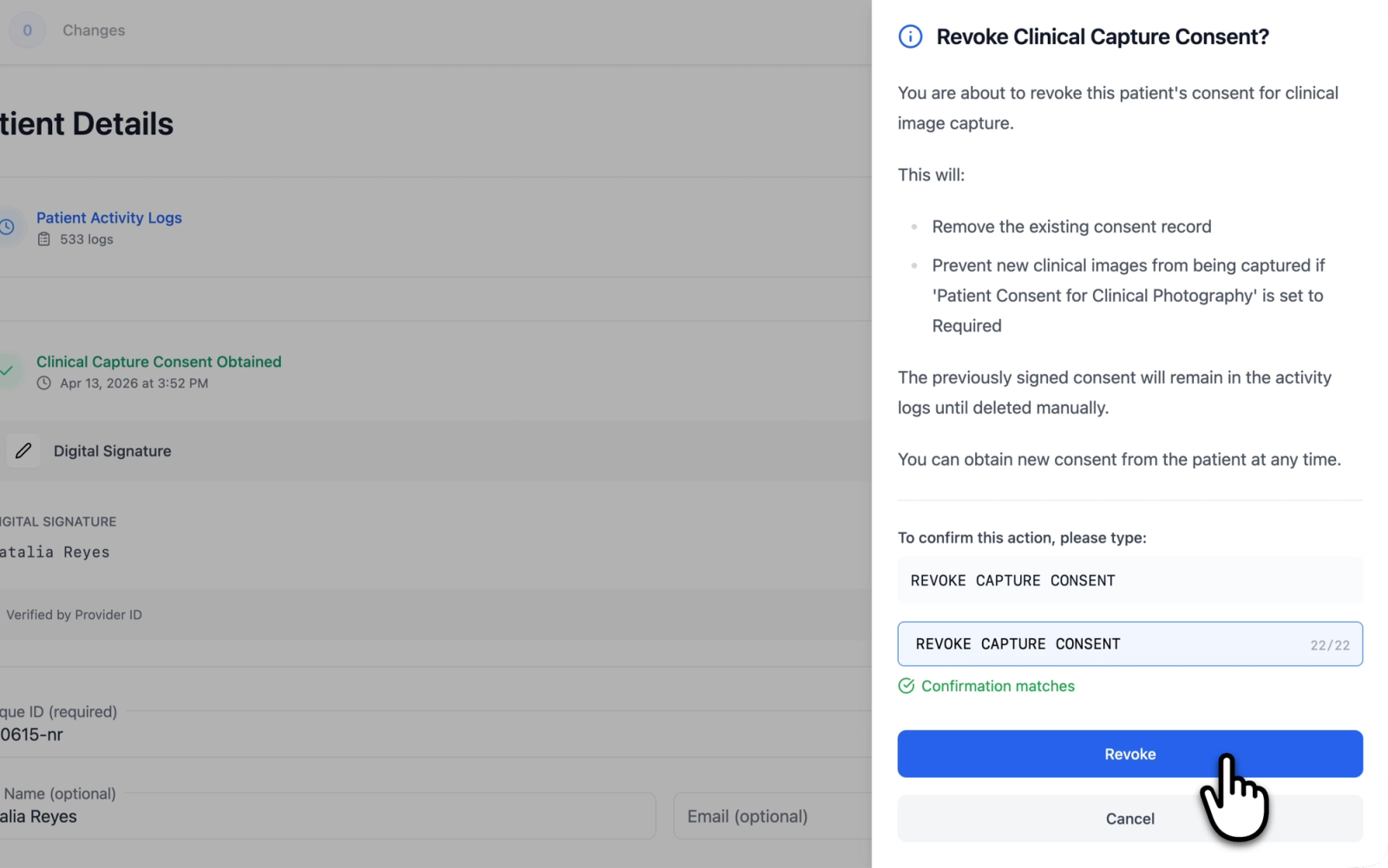 Revoke consent confirmation drawer showing the explanation text, the confirmation phrase input field, and the Revoke button