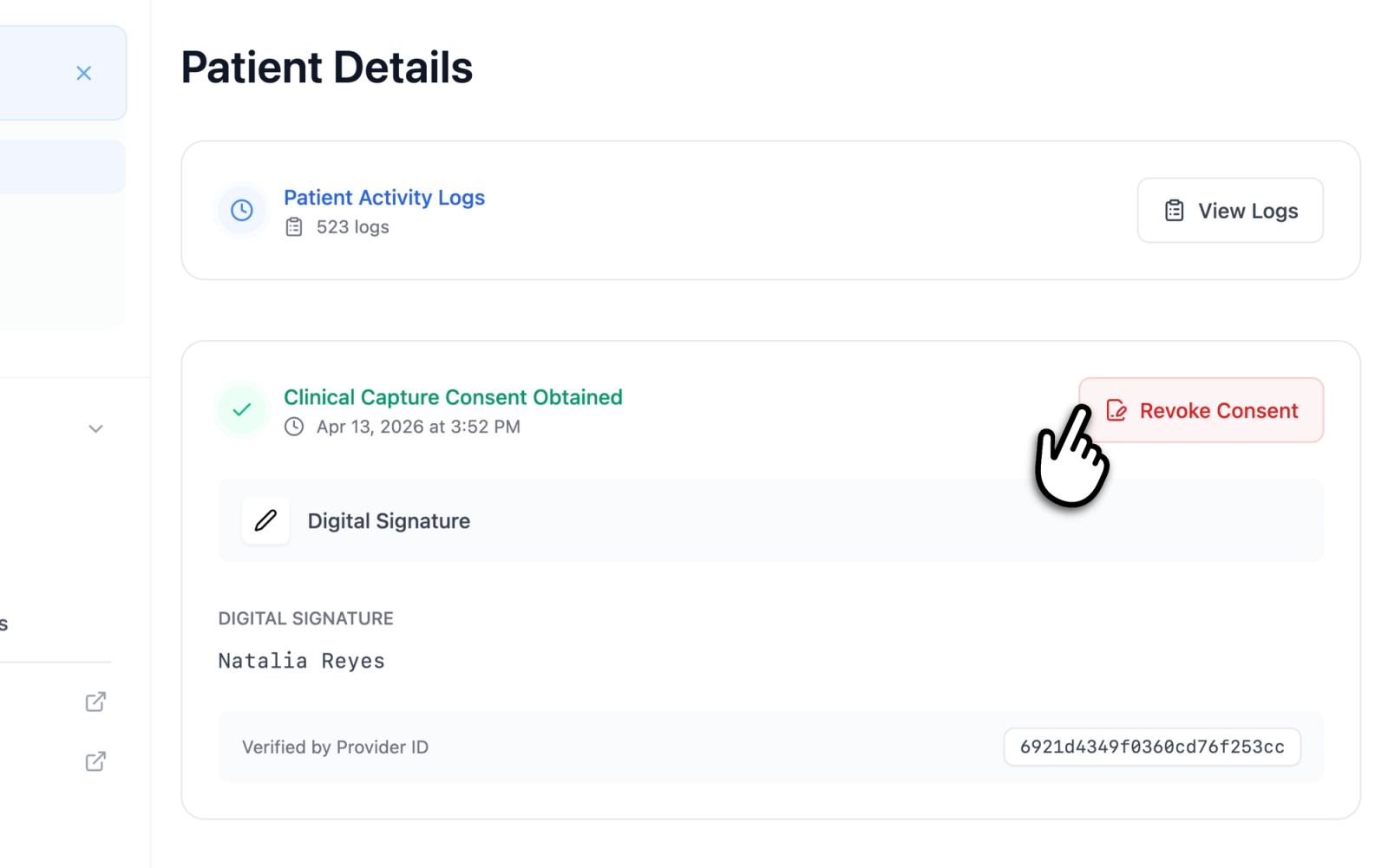 Patient details page showing the consent information card with the Revoke Consent button highlighted