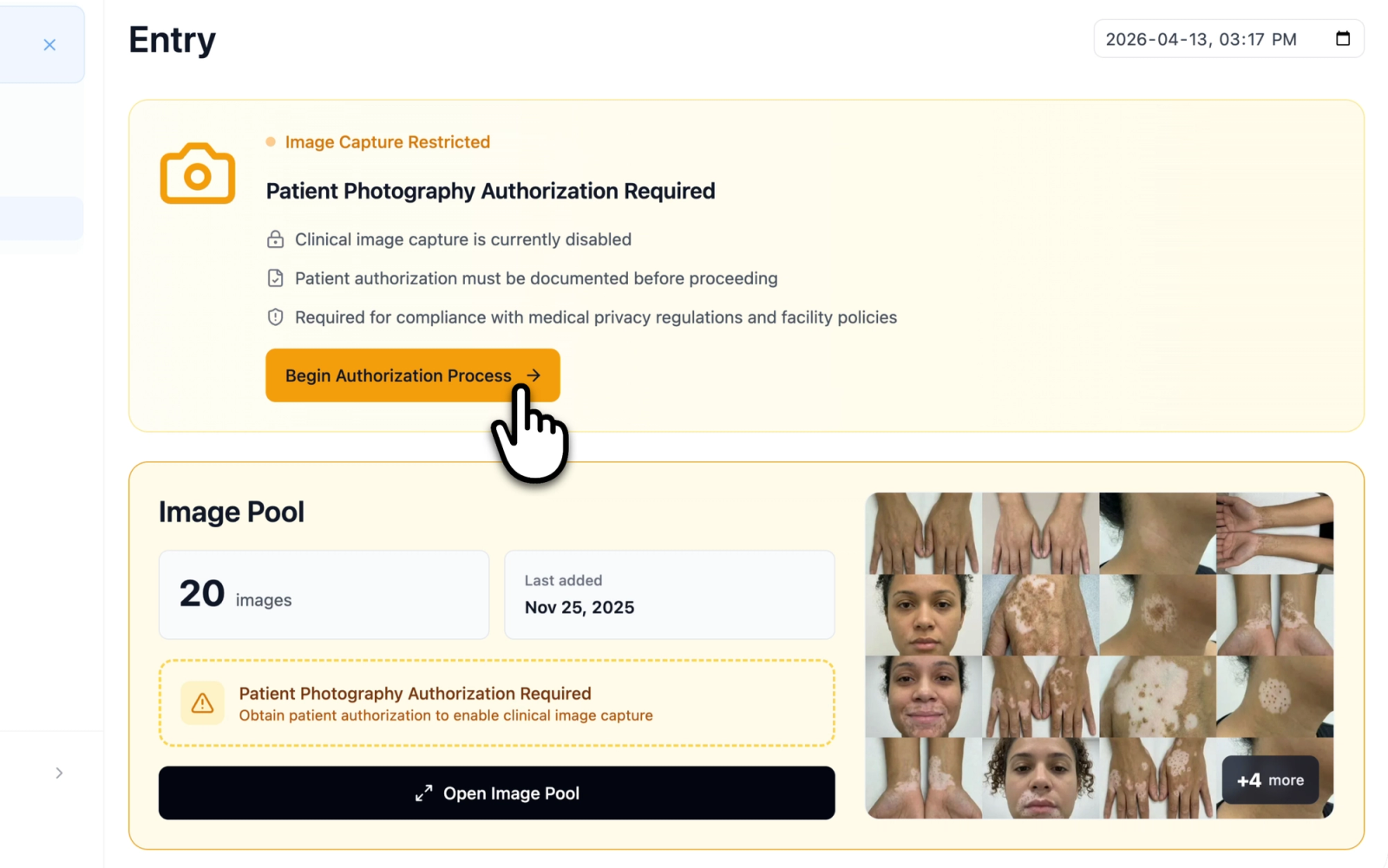 Entry page showing the Patient Photography Authorization Required warning banner with the Begin Authorization Process button in the Required enforcement state