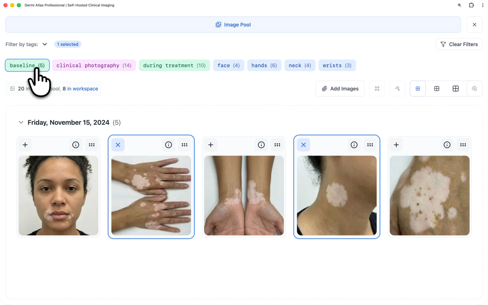 The tag filter section with color-coded tags, image counts, and active filter indicators