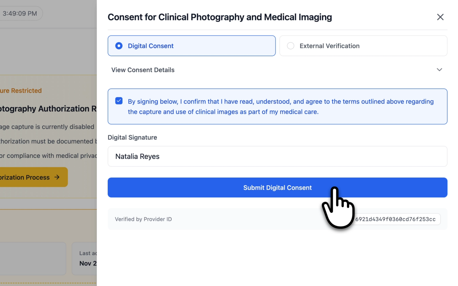 Consent form drawer showing the Digital Consent tab selected with the expandable consent description, confirmation checkbox checked, and digital signature text field filled in