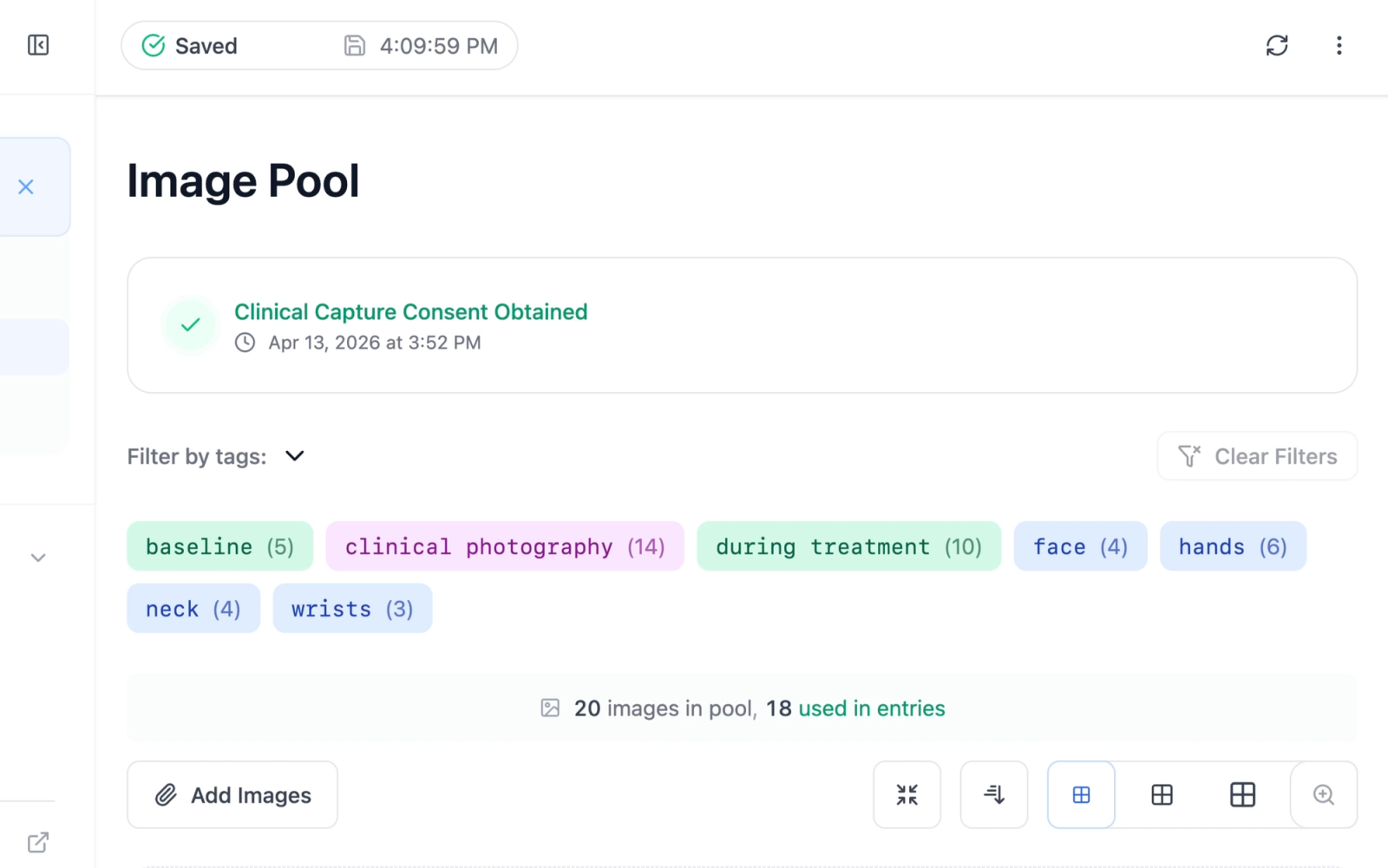 Consent information card in its minimal variant as displayed on the clinical entry page or image pool page showing the green status and timestamp