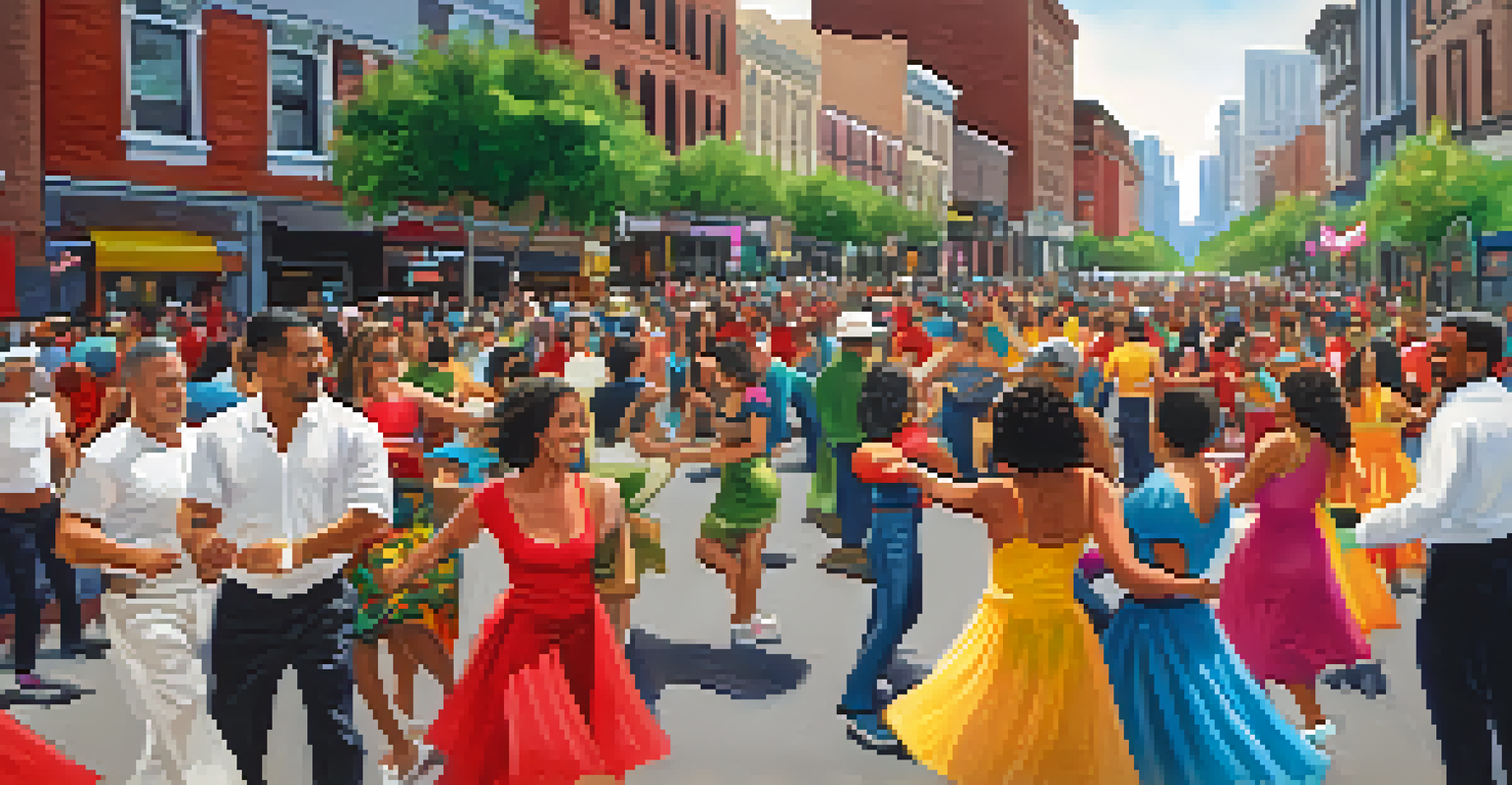 A dynamic salsa dancing workshop at the Buffalo Puerto Rican and Hispanic Day Parade with participants enjoying the vibrant atmosphere.