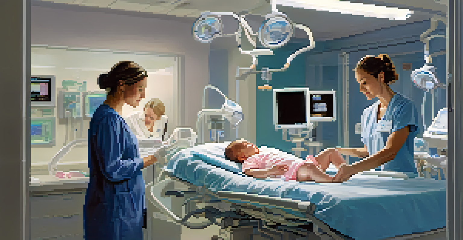 A mother gently touching her newborn in a NICU, surrounded by advanced medical equipment and a caring neonatologist.