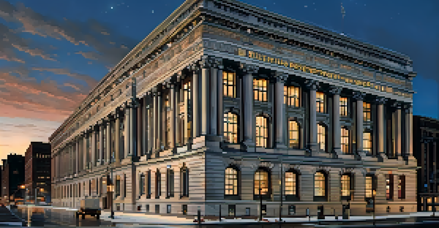 A grand Beaux-Arts post office building with intricate details, illuminated at dusk.