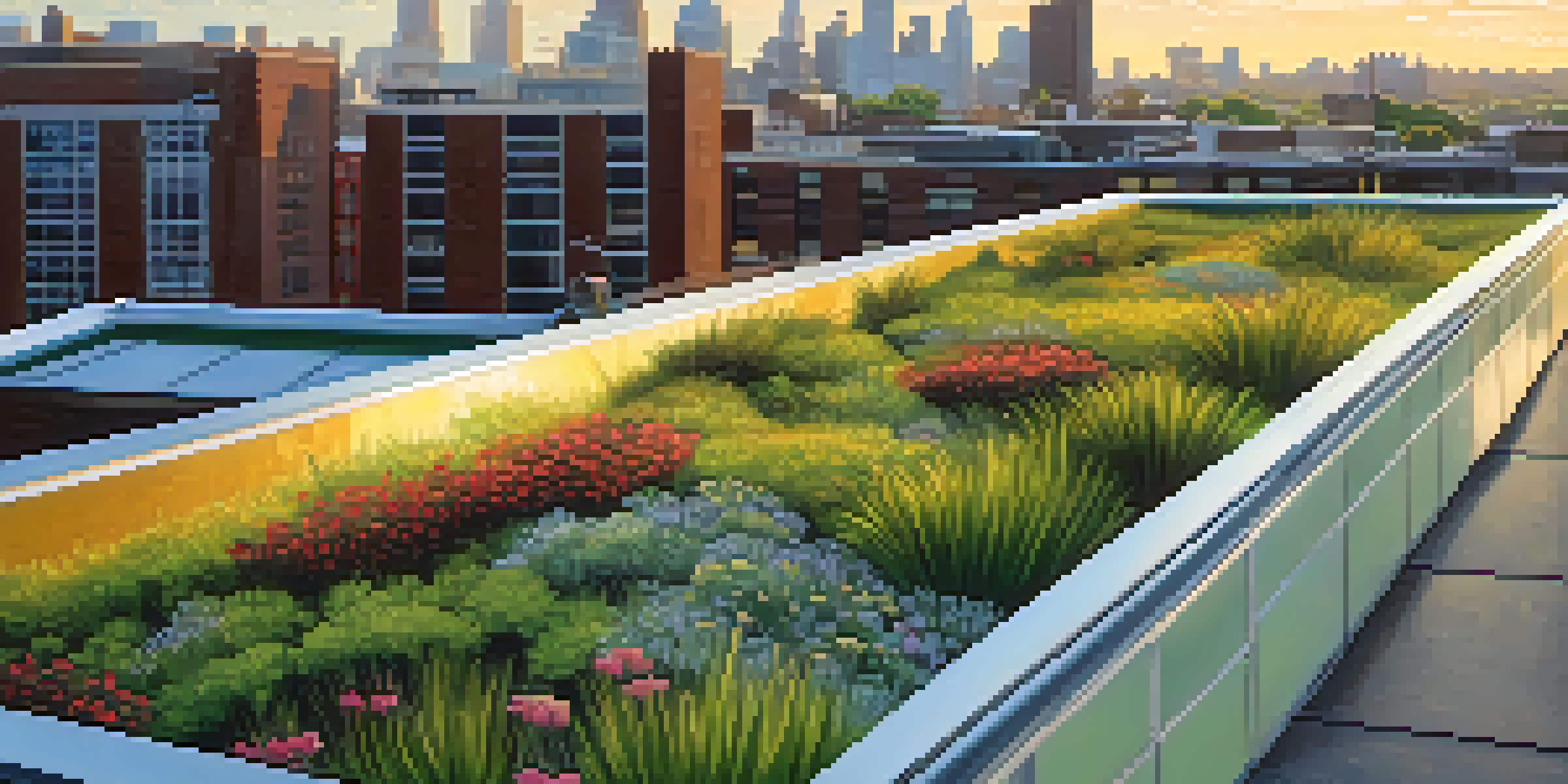 A close-up of a green roof on a contemporary building in Buffalo, adorned with various plants and flowers, with the city skyline in the background.