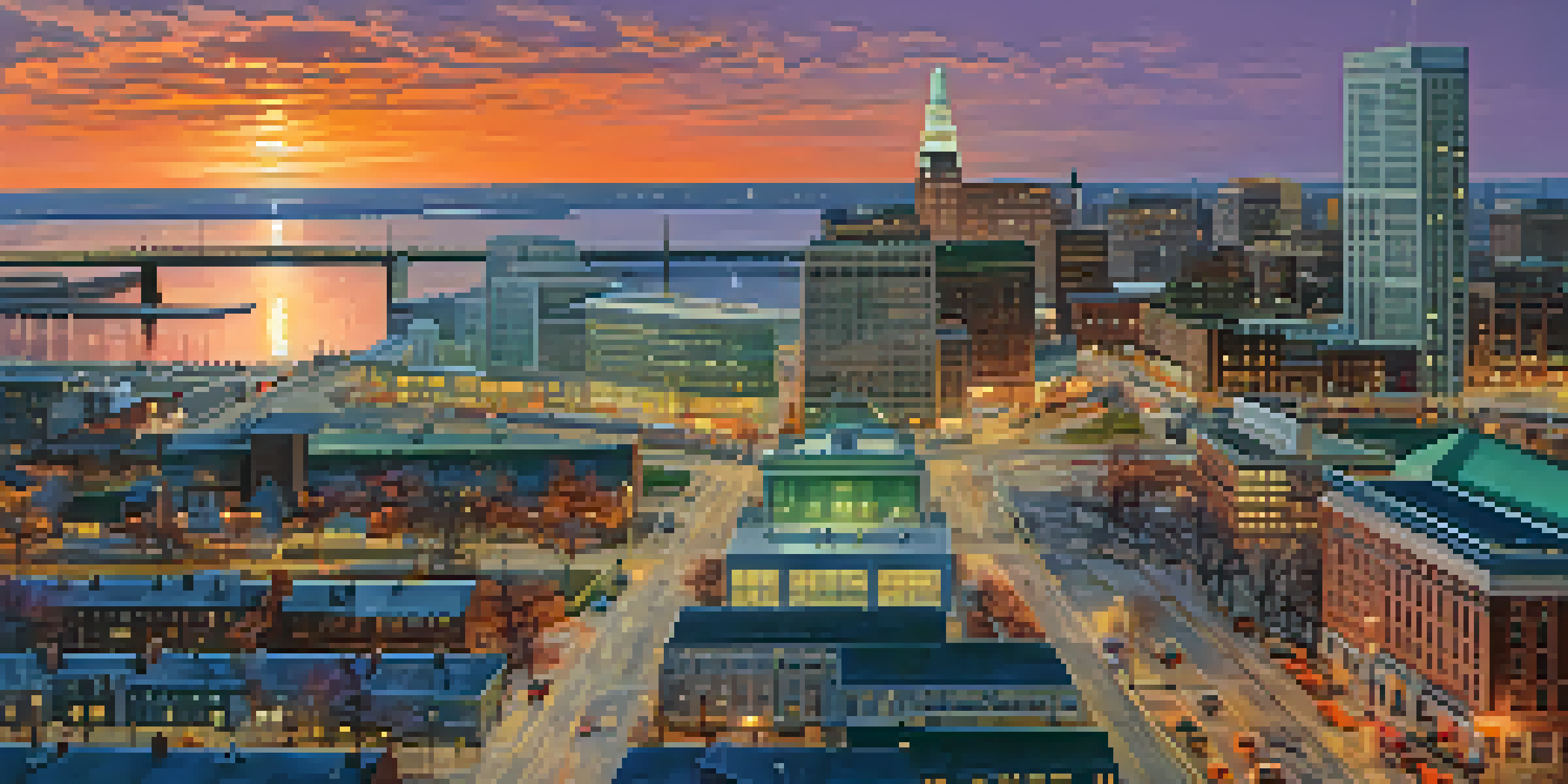 Panoramic view of Buffalo's skyline at sunset, with vibrant colors and busy highways in the foreground.