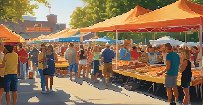 A lively festival scene showcasing people enjoying buffalo wings from colorful food stalls, with musicians performing in the background under bright sunlight.