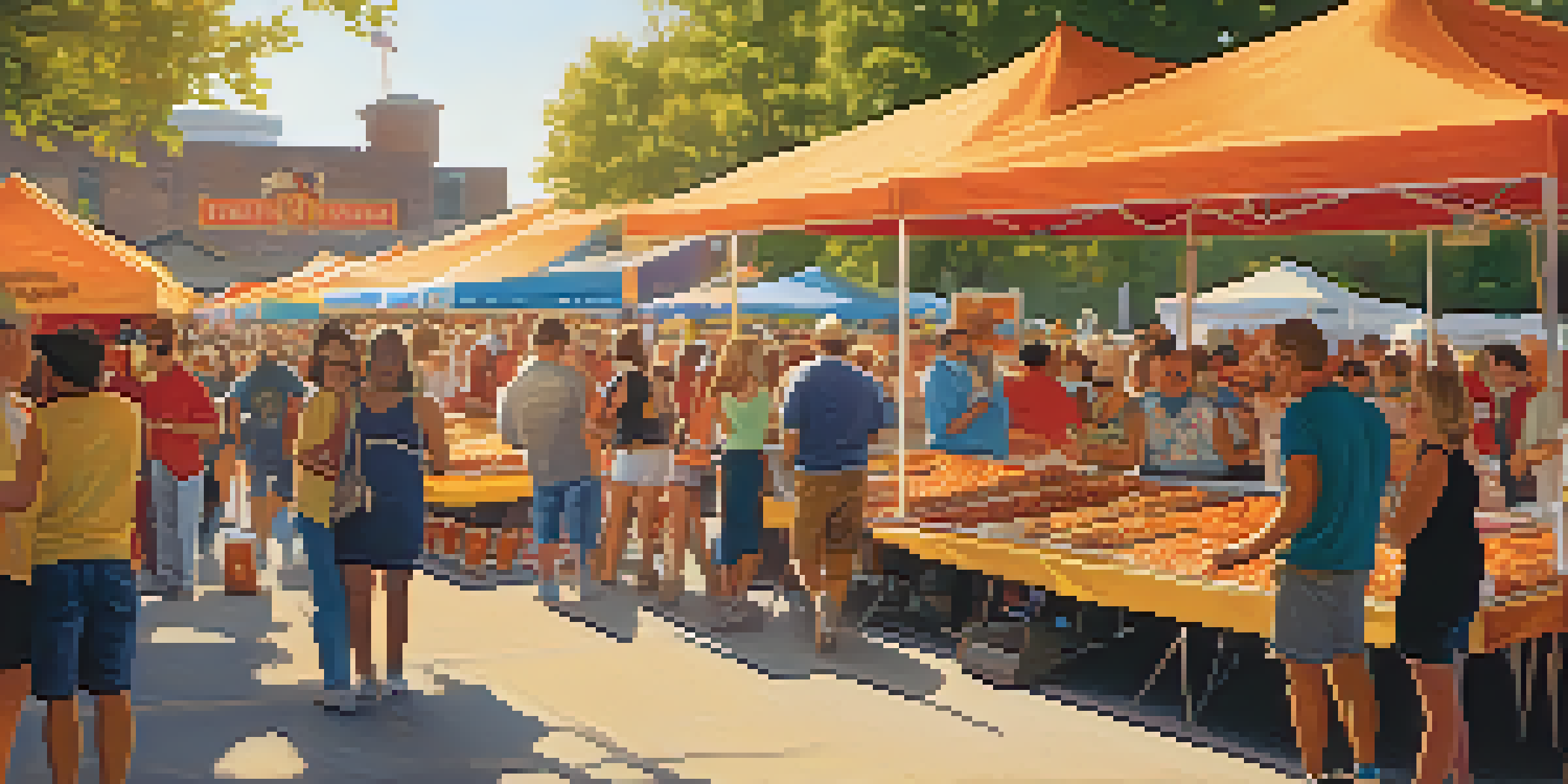 A lively festival scene showcasing people enjoying buffalo wings from colorful food stalls, with musicians performing in the background under bright sunlight.