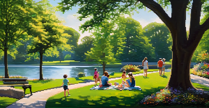 A peaceful scene in Delaware Park with families and couples enjoying nature, surrounded by flowers and tall trees.